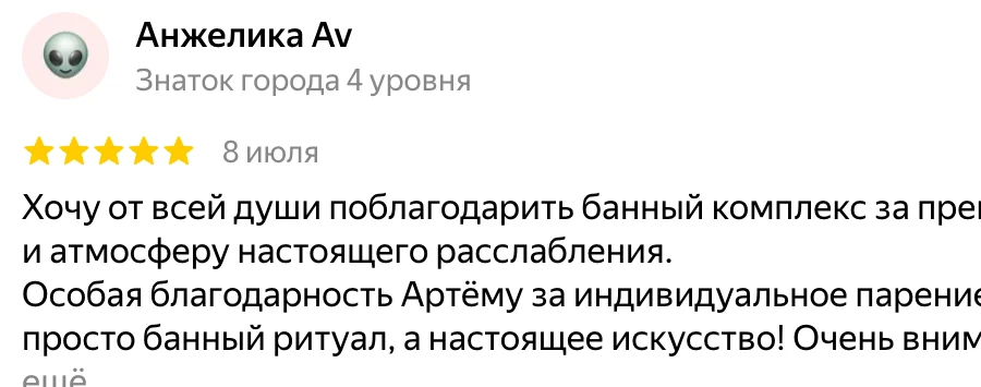 Скриншот отзыва на Яндекс.Картах: пять звёзд, благодарность за индивидуальное парение